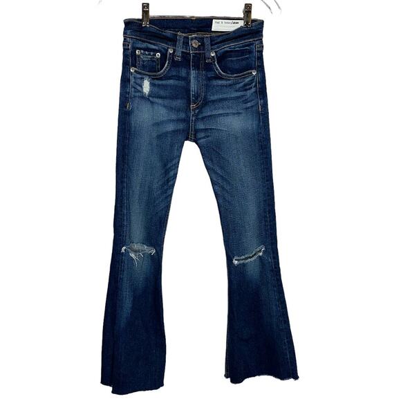 Rag & Bone 10 Inch Flare High Rise Distressed Denim Jeans Mabel Blue Size 24 - Picture 2 of 10